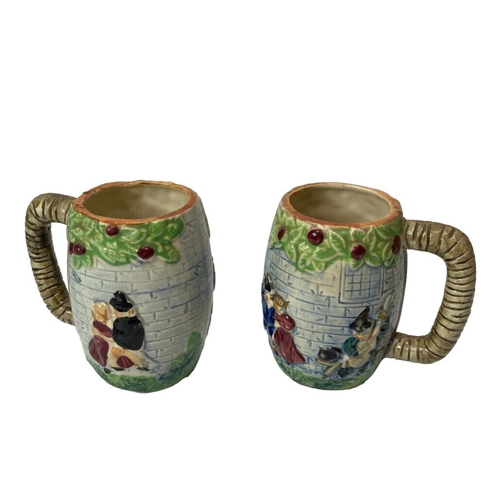 LOT of 2 Vtg 1940s Majolica Hand Painted Small Barrel Pitcher Japan 4.5"x‎ 3"